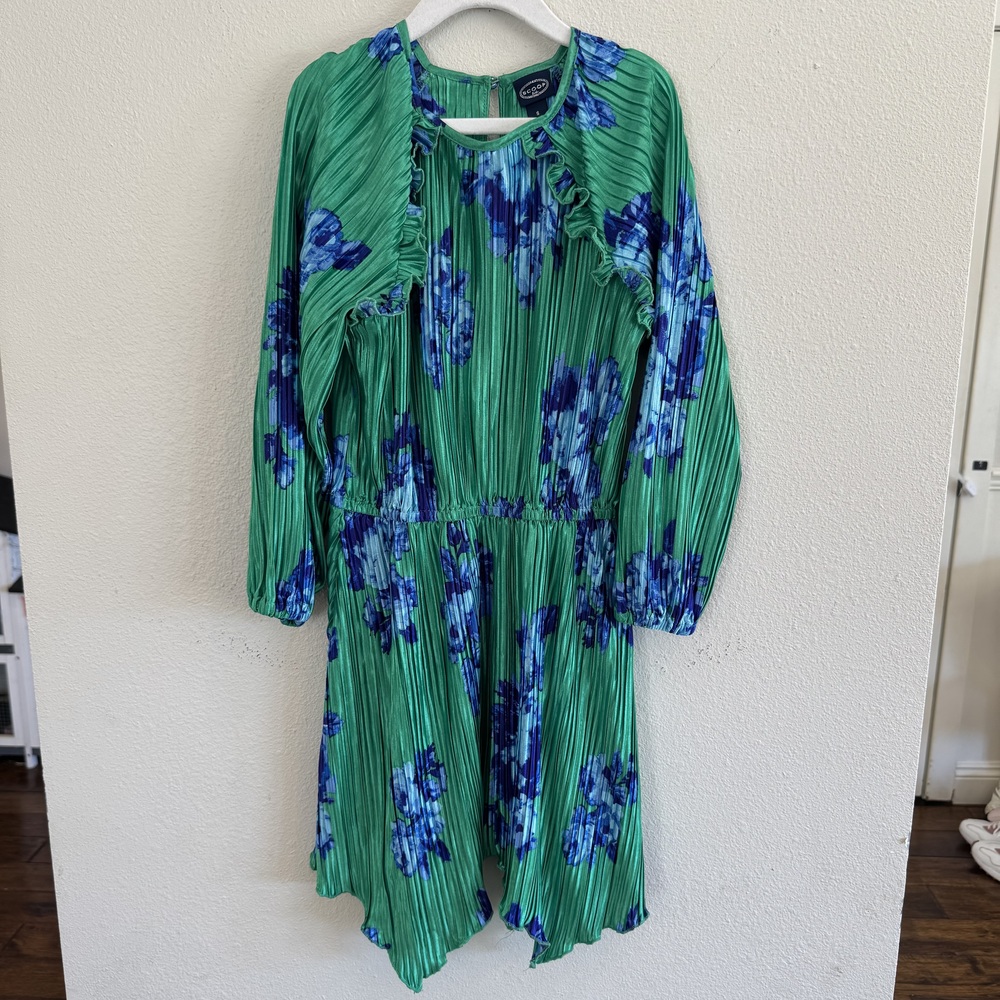 Scoop Floral Pleated Green Blue Ruffle Dress 6/6X